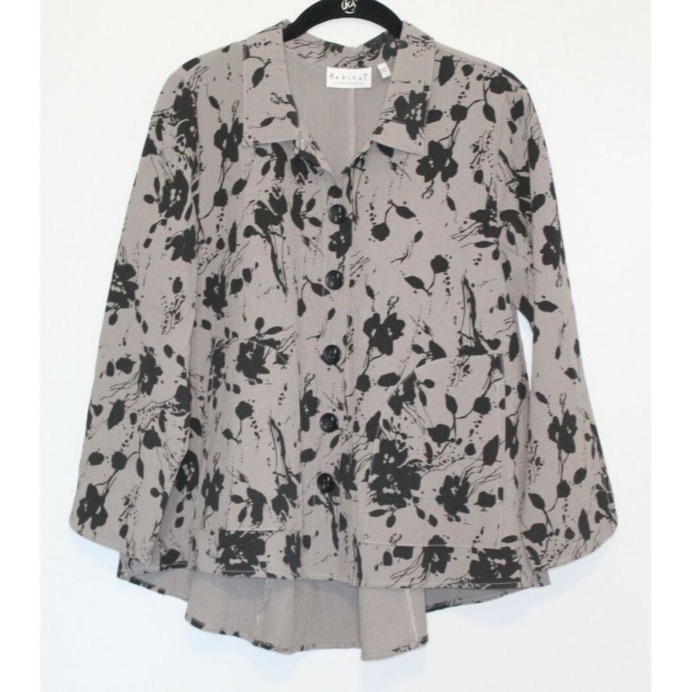 Habitat Floral Splatter Crinkle Textured Button Up Swing Top Taupe Black Small - Picture 3 of 12